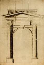 Estudio arquitectónico de una puerta con un tímpano triangular; dibujo de Miguel Ángel. Casa Buonarroti, Florencia